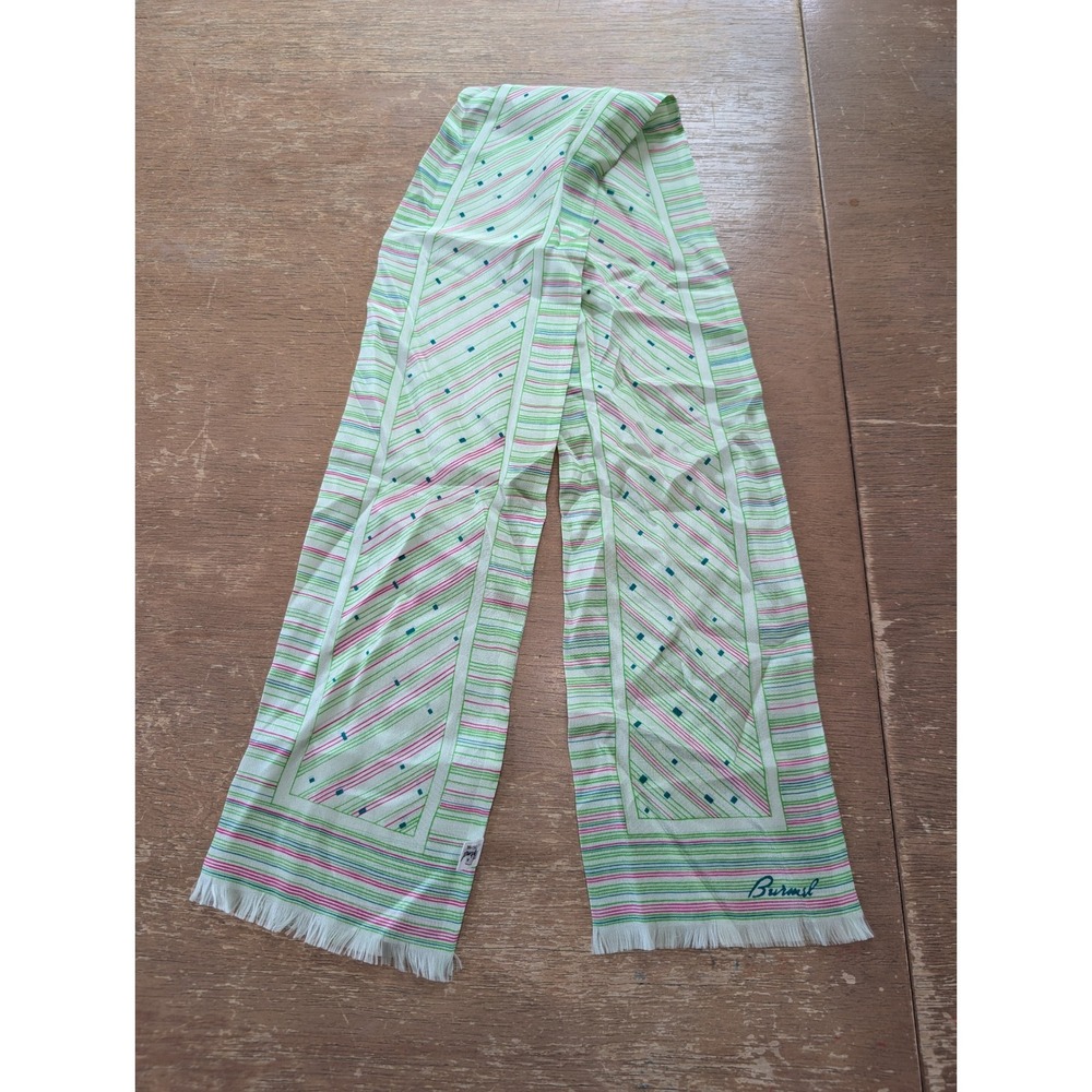 Vintage Burmel Silk Scarf Green Pink Striped Made‎ in Japan purse neck tie